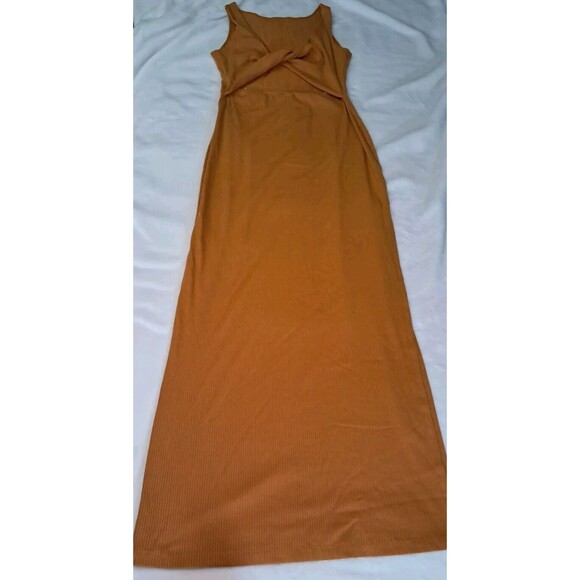 L*SPACE Scoop Neck Twist Front Rust Orange Side Slit Maxi Dress Rib Knit Size M - Picture 6 of 9